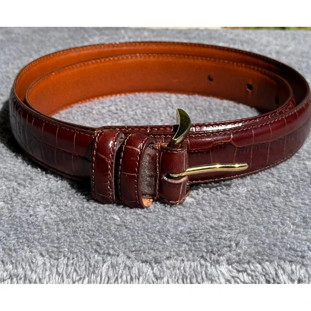 Ralph Lauren Mens Brown Crocodile Embossed Leather Belt Gold Buckle Dress Belt M - Picture 2 of 14